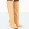 Best Believe Caramel Croc Pointed Toe Stiletto Heeled Knee High Boots