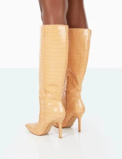 Best Believe Caramel Croc Pointed Toe Stiletto Heeled Knee High Boots -Boots Store 31.08PDECOM0753