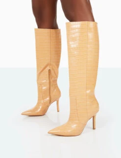 Best Believe Caramel Croc Pointed Toe Stiletto Heeled Knee High Boots -Boots Store 31.08PDECOM0755