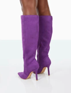 Best Believe Purple Faux Suede Pointed Toe Stiletto Heeled Knee High Boots -Boots Store 31.08PDECOM0804