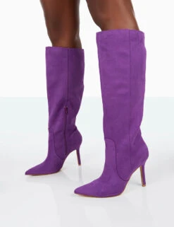 Best Believe Purple Faux Suede Pointed Toe Stiletto Heeled Knee High Boots -Boots Store 31.08PDECOM0805