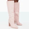 Posie Wide Fit Baby Pink Croc PU Knee High Block Heel Boots