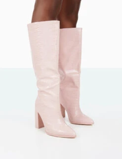 Posie Wide Fit Baby Pink Croc PU Knee High Block Heel Boots
