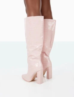 Posie Wide Fit Baby Pink Croc PU Knee High Block Heel Boots -Boots Store 31.08PDECOM0816 38976a76 eb8b 4edf 900c 84512f1f53ea