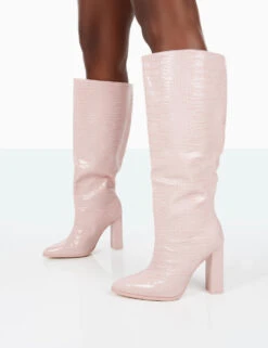 Posie Wide Fit Baby Pink Croc PU Knee High Block Heel Boots -Boots Store 31.08PDECOM0818 660fed75 8bfc 498b 9181 292ce4949ce2