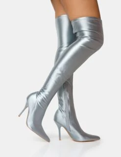 Instinct Silver Lycra Pointed Toe Stiletto Thigh High Boots -Boots Store 3 bc191c7e e8f4 413e 88a7 6c083e04a818