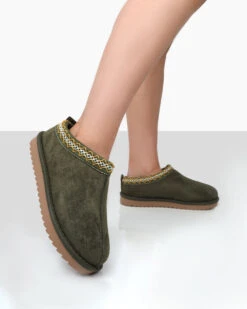 Tamsin Khaki Faux Suede Embroidered Slipper Boots -Boots Store 4 ee1ad627 71f6 43a3 8708 7158934065e2