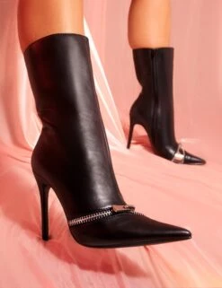 Pitstop Black Pu Zip Detail Pointed Toe Stiletto Heel Ankle Boots 11 Pitstop Black Pu Zip Detail Pointed Toe Stiletto Heel Ankle Boots -Boots Store 5.jpgflip