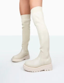 New-Me Ecru Pu And Knit Over The Knee Chunky Sole Sock Fit Boots -Boots Store 771A0002 5545689f 54c6 4d4e 9456 458bebd38ab2