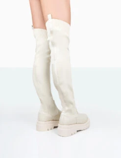 New-Me Ecru Pu And Knit Over The Knee Chunky Sole Sock Fit Boots -Boots Store 771A0003 a7ddc872 3685 494f bd64 e08ff28c6f8d