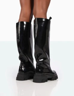 Genius Wide Fit Black Box Patent Knee High Chunky Sole Boots -Boots Store 771A0011