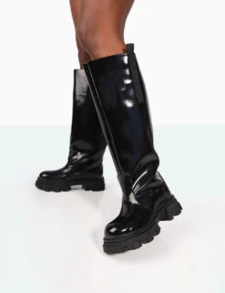Genius Wide Fit Black Box Patent Knee High Chunky Sole Boots -Boots Store 771A0012