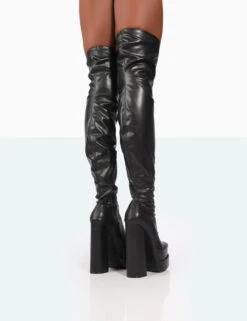 Identity Wide Fit Black Pu Platform Over The Knee Boots -Boots Store 771A0015 Copy