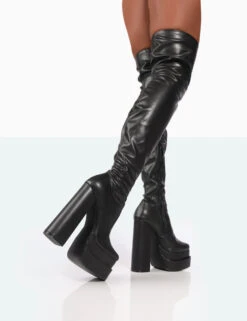 Identity Wide Fit Black Pu Platform Over The Knee Boots -Boots Store 771A0016 Copy