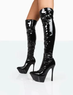 Trixie Black Patent Stiletto Platform Over The Knee Boots -Boots Store 771A0069