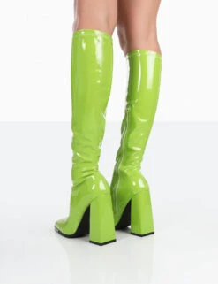 Caryn Lime Patent Knee High Block Heeled Boots -Boots Store 771A0284