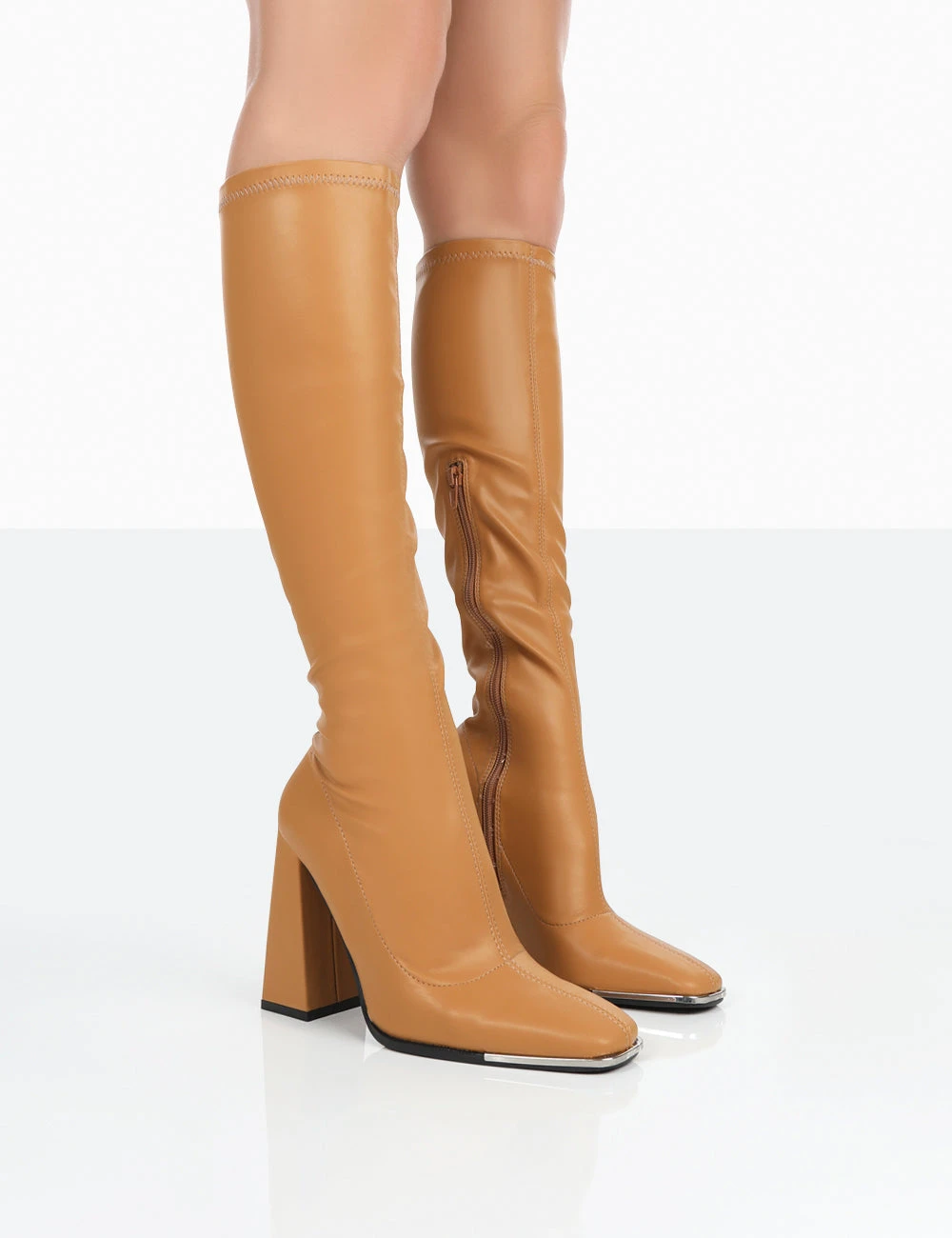 Caryn Camel Grain Pu Patent Knee High Block Heeled Boots 1 Caryn Camel Grain Pu Patent Knee High Block Heeled Boots