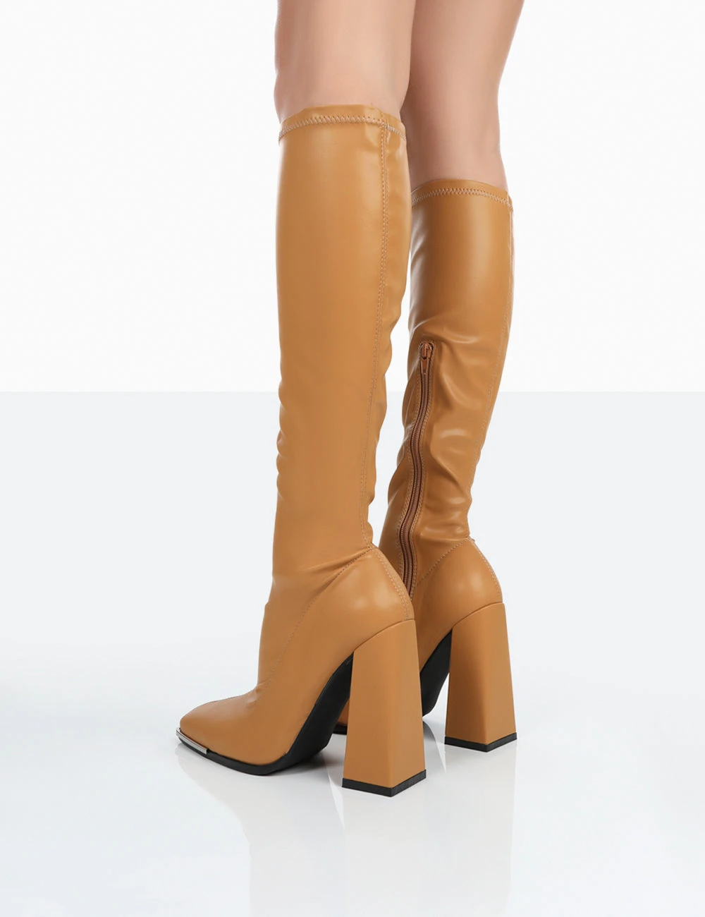 Caryn Camel Grain Pu Patent Knee High Block Heeled Boots 4 Caryn Camel Grain Pu Patent Knee High Block Heeled Boots - Image 4