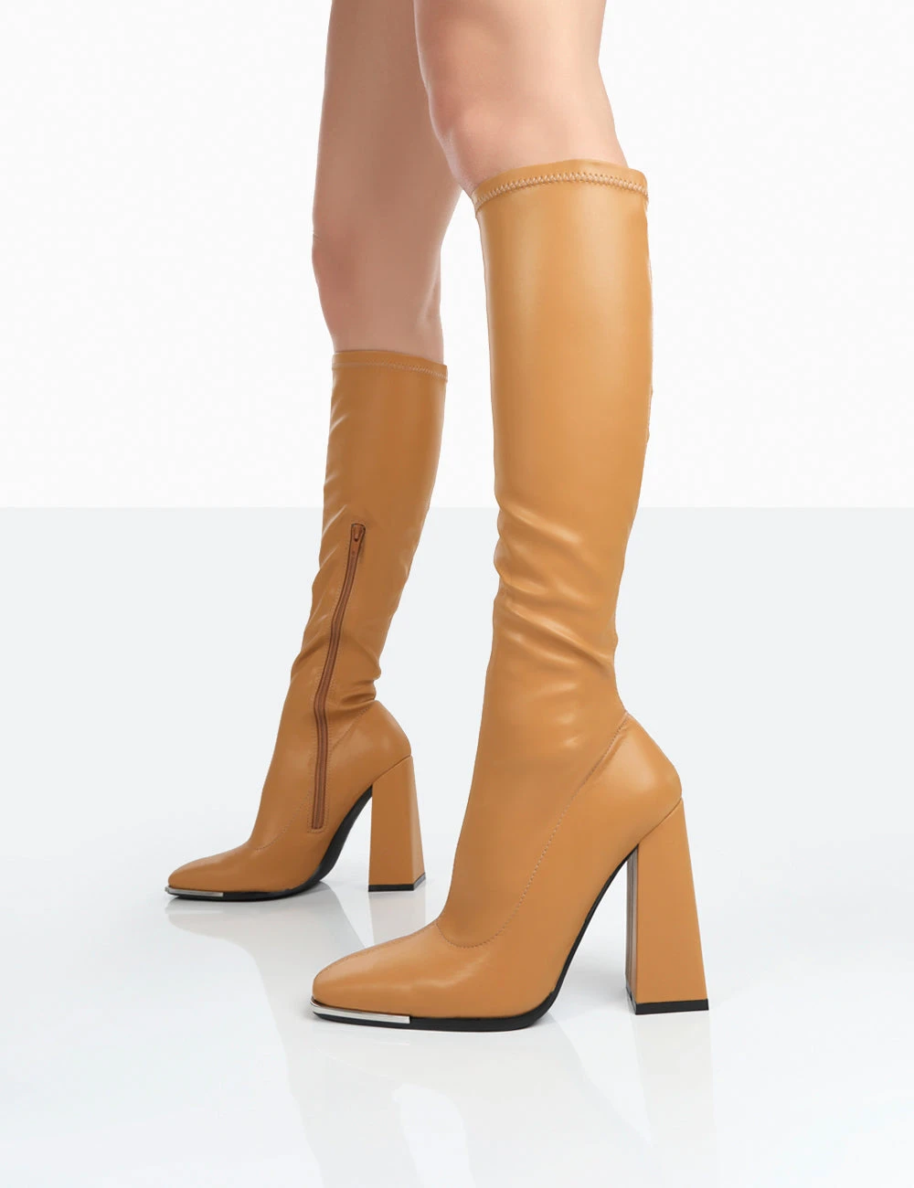 Caryn Camel Grain Pu Patent Knee High Block Heeled Boots 2 Caryn Camel Grain Pu Patent Knee High Block Heeled Boots - Image 2