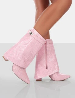 Fyre Baby Pink Croc Pointed Toe Block Heeled Ankle Boots -Boots Store 771A0742