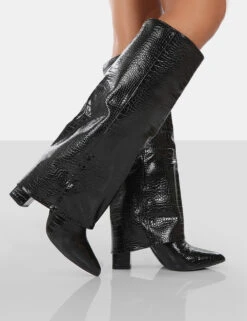 Zendaya Black Patent Croc Pointed Toe Knee High Block Boots -Boots Store 771A0751