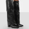 Zendaya Black Patent Croc Pointed Toe Knee High Block Boots