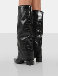 Zendaya Black Patent Croc Pointed Toe Knee High Block Boots -Boots Store 771A0753