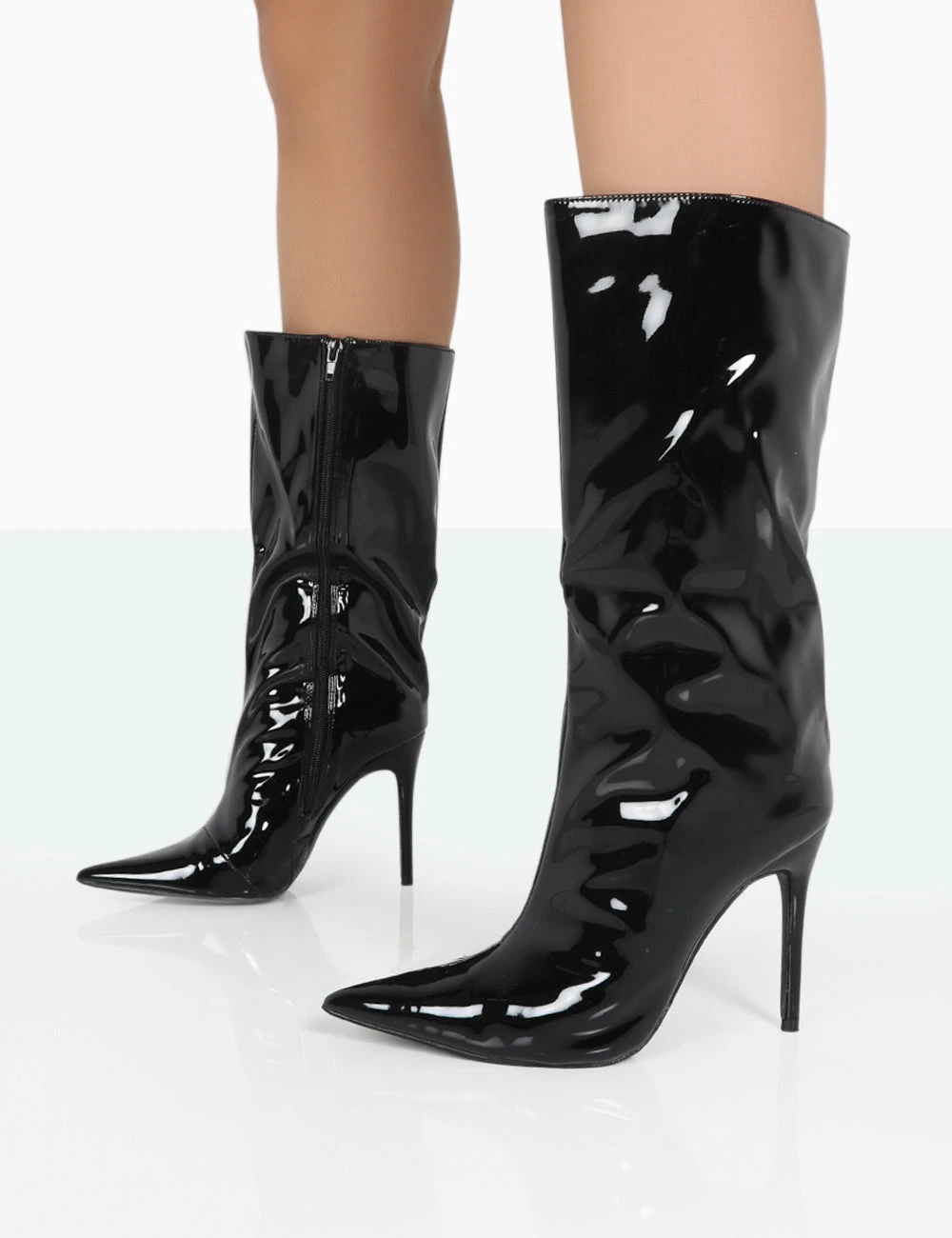 Wanda Black Patent PU Pointed Toe Stiletto Knee High Boots 2 Wanda Black Patent PU Pointed Toe Stiletto Knee High Boots - Image 2