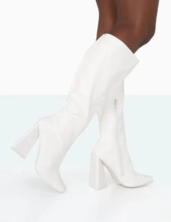 Senna Wide Fit Ecru PU Knee High Heeled Boots -Boots Store 771A0986 2e0dee51 d6b2 46ef 8929 a43b6728ac01