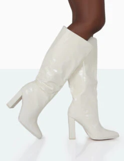 Posie Wide Fit Ecru Croc Knee High Block Heel Boots -Boots Store 771A0990 45bd2433 f308 4966 ac40 47dd436e3325