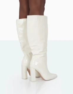 Posie Wide Fit Ecru Croc Knee High Block Heel Boots -Boots Store 771A0991 530c2406 a465 4e36 924b 51c3e6863fe7