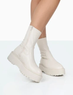 Auden Wide Fit White Chunky Sole Ankle Boots -Boots Store 771A1098