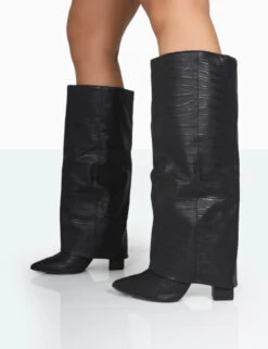 Zendaya Wide Fit Matt Black Croc Pointed Toe Knee High Boots -Boots Store 771A1123