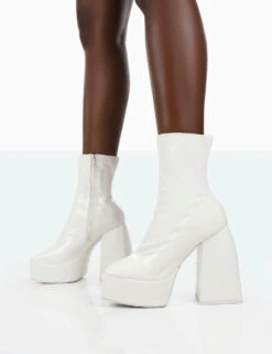 Own Thing Wide Fit White Patent Chunky Square Toe Platform Heel Block Ankle Boots -Boots Store 771A1420