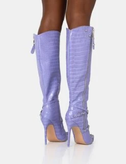 Worthy Lilac Croc Studded Zip Detail Pointed Toe Stiletto Knee High Boots -Boots Store 771A1427