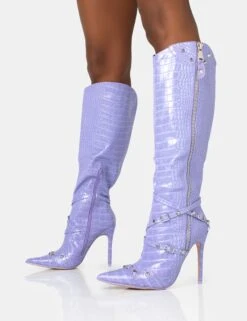 Worthy Lilac Croc Studded Zip Detail Pointed Toe Stiletto Knee High Boots -Boots Store 771A1428