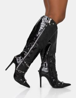 Worthy Black Croc Studded Zip Detail Pointed Toe Stiletto Knee High Boots -Boots Store 771A1429 51e353d9 fc01 4791 80b1 b3a064b18220