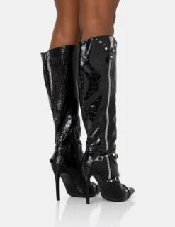 Worthy Black Croc Studded Zip Detail Pointed Toe Stiletto Knee High Boots -Boots Store 771A1431 d81cda6a 314c 4845 954d 686c48941ef9