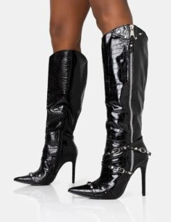 Worthy Black Croc Studded Zip Detail Pointed Toe Stiletto Knee High Boots -Boots Store 771A1432 23ed95c7 3ca3 4b8b 8abd 56dc71282a6a
