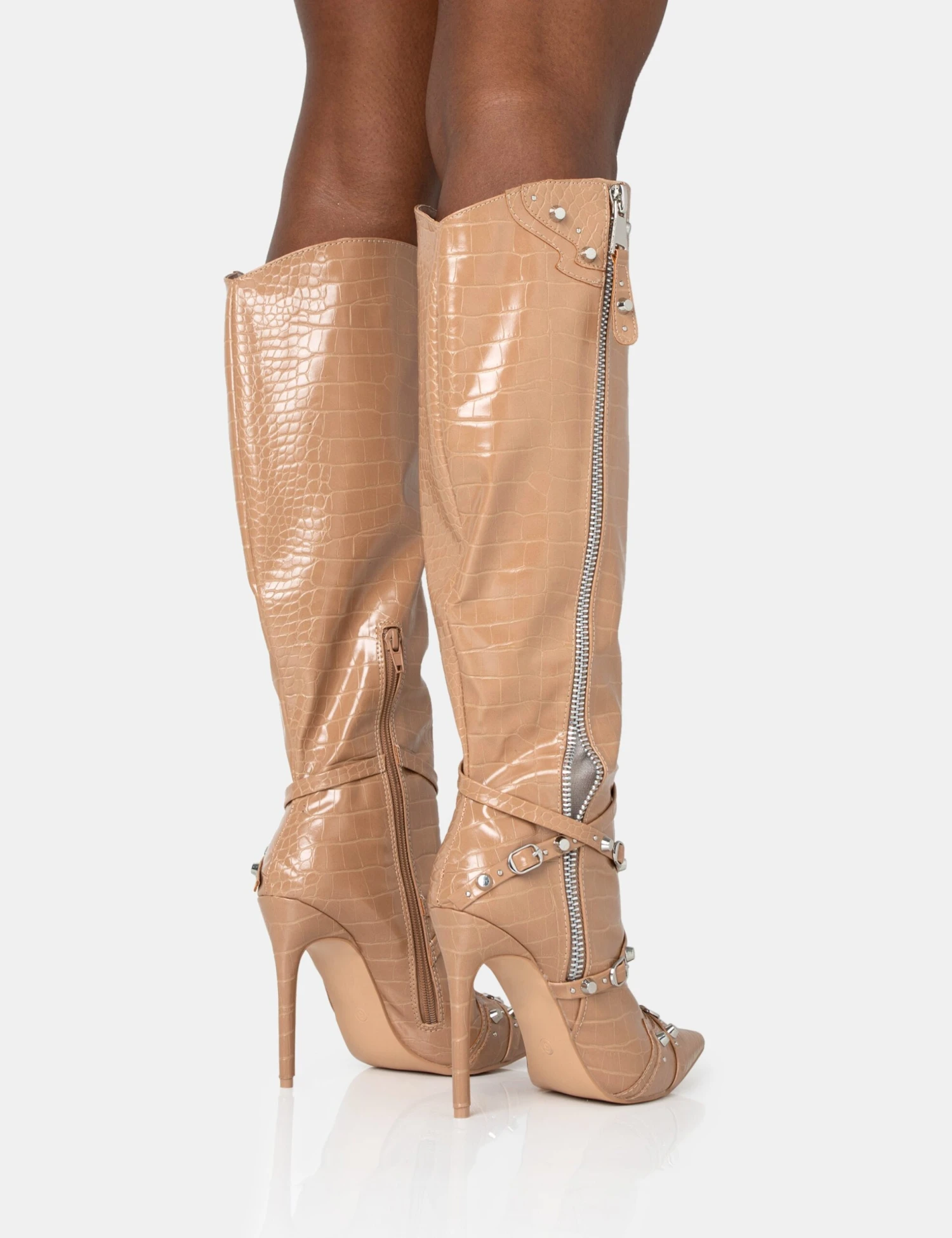Worthy Camel Croc Studded Zip Detail Pointed Toe Stiletto Knee High Boots 2 Worthy Camel Croc Studded Zip Detail Pointed Toe Stiletto Knee High Boots - Image 2