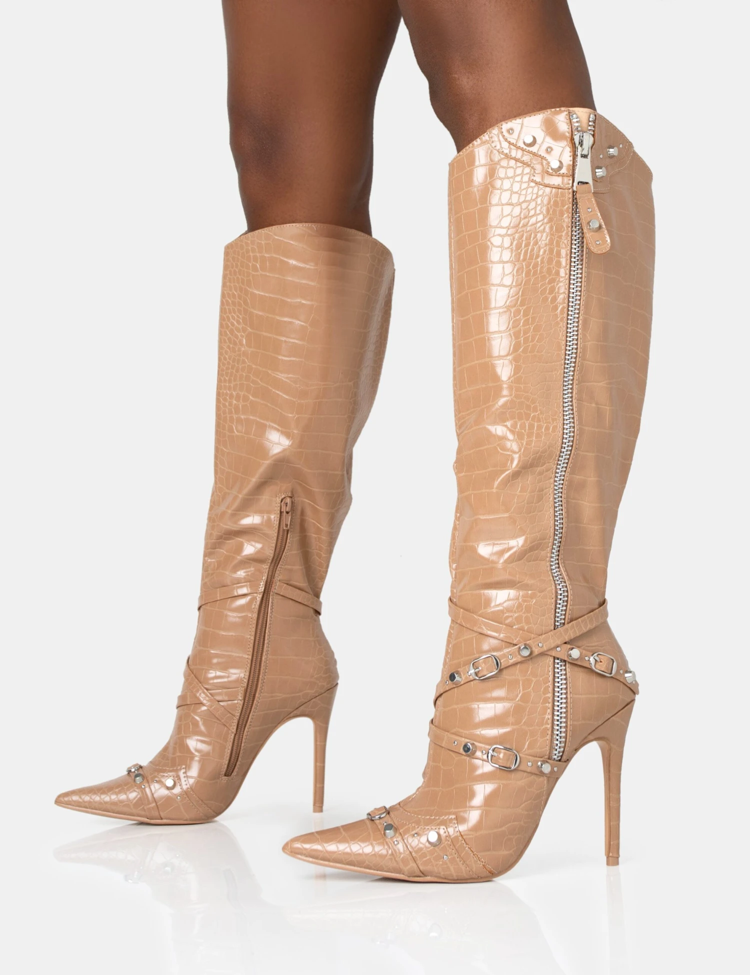 Worthy Camel Croc Studded Zip Detail Pointed Toe Stiletto Knee High Boots 3 Worthy Camel Croc Studded Zip Detail Pointed Toe Stiletto Knee High Boots - Image 3
