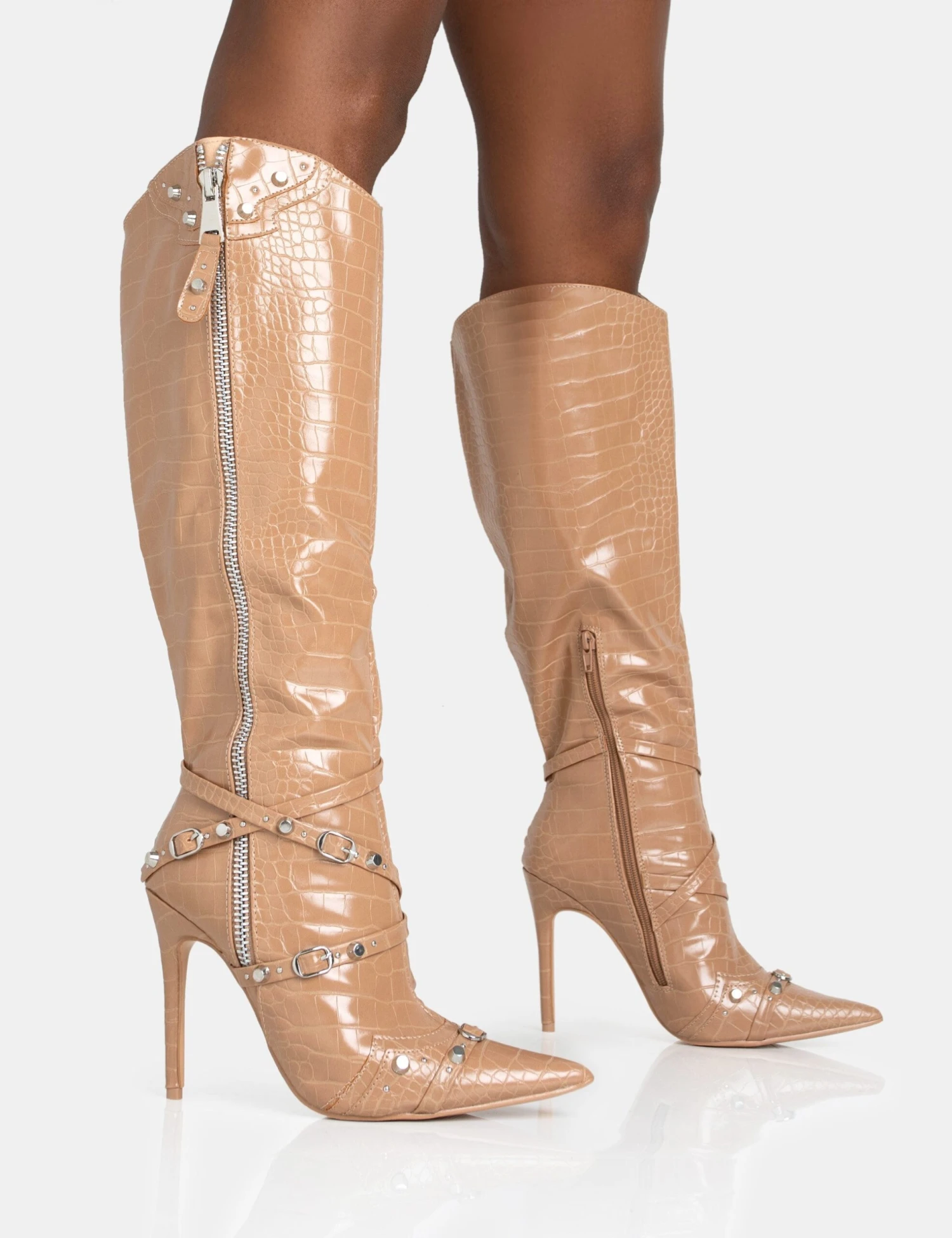 Worthy Camel Croc Studded Zip Detail Pointed Toe Stiletto Knee High Boots 1 Worthy Camel Croc Studded Zip Detail Pointed Toe Stiletto Knee High Boots