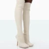 Bubbles White Knitted Wide Fit Square Toe Over The Knee Stiletto Boots