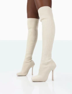 Bubbles White Knitted Wide Fit Square Toe Over The Knee Stiletto Boots -Boots Store 771A1518 ccac41fc 34cb 4456 bc5b fff3c0e75277