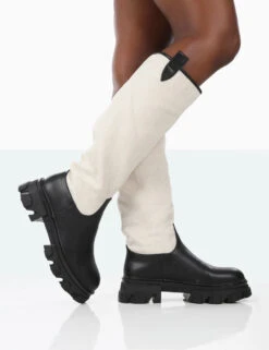 Genius Black PU Knee High Linen Platform Chunky Sole Boots -Boots Store 771A1520