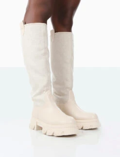Boots Store 13 Genius Ecru PU Knee High Linen Platform Chunky Sole Boots