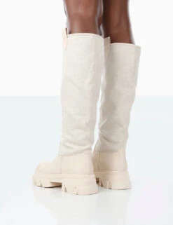 Genius Ecru PU Knee High Linen Platform Chunky Sole Boots -Boots Store 771A1532