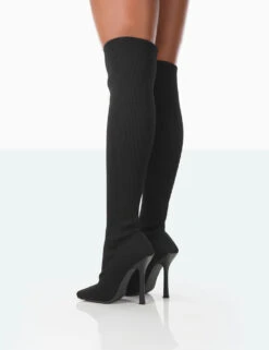 Bubbles Black Knitted Square Toe Over The Knee Stiletto Boots -Boots Store 771A1541