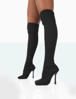 Bubbles Black Knitted Square Toe Over The Knee Stiletto Boots -Boots Store 771A1542