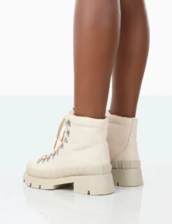 Hike There Bone Pu Lace Up Chunky Sole Winter Boots -Boots Store 771A1545